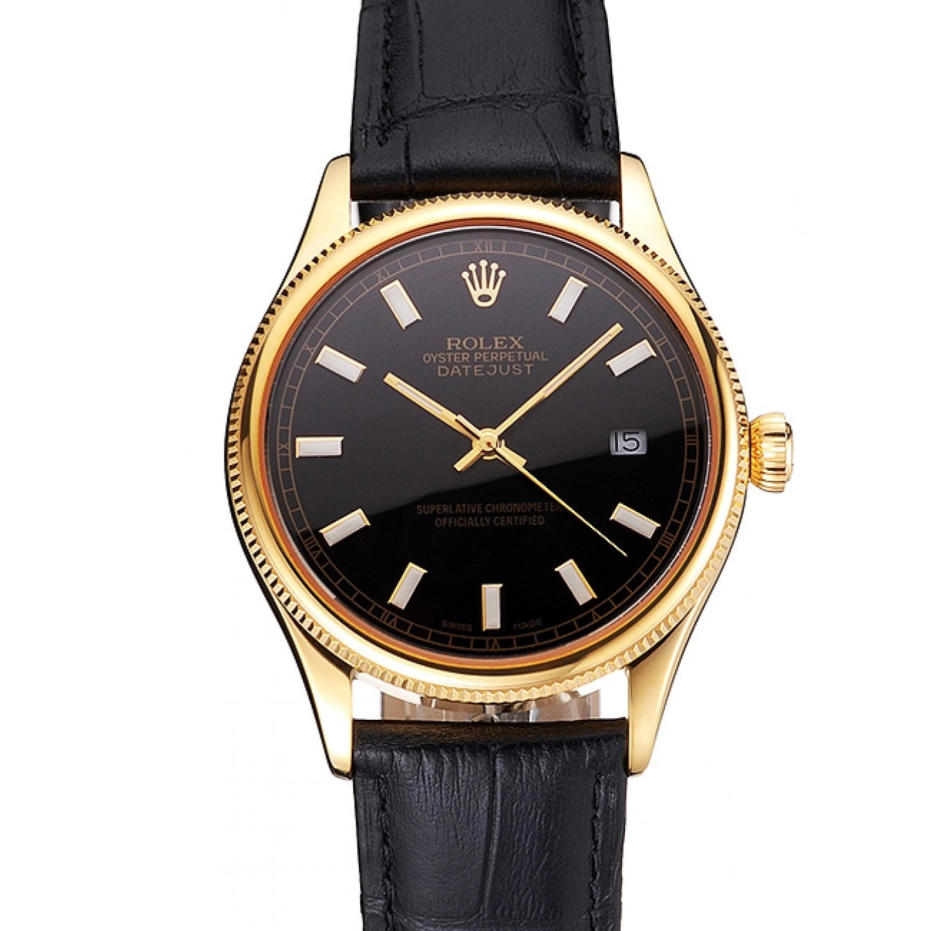 Aaa replica Black Dial Gold Datejust Strap Swiss Case Rolex Black Leather 0521